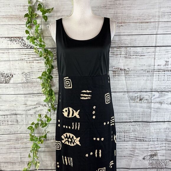 Molly Malloy Dress size 8 Petite Black Tan Fish Aztec Midi Artsy Teacher School - Picture 4 of 16